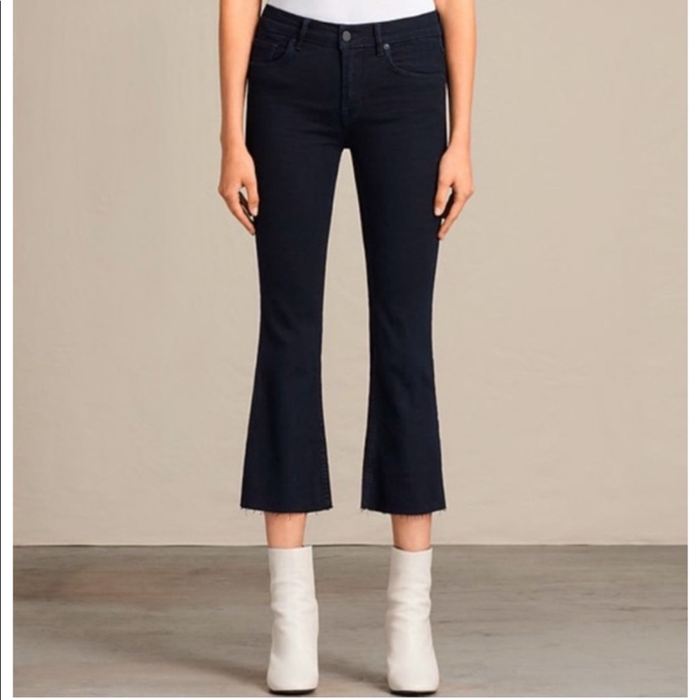All Saints Heidi Cropped Flare Jeans Black Raw Hem Women’s Size 29
